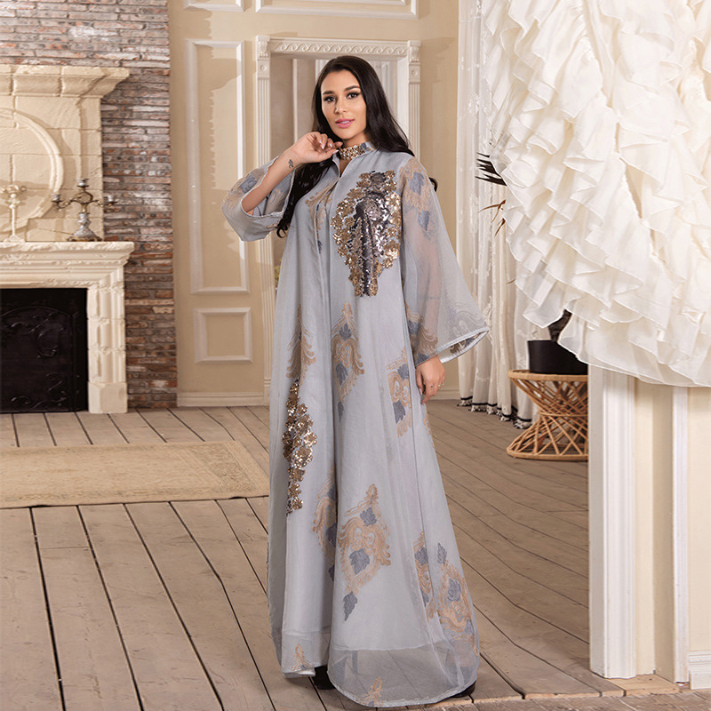 Women's Muslim Evening Dress Beaded Embroidered Mesh Women's Continued Long Sleeve Dress