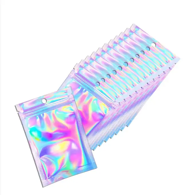 Resealable Holographic mùi bằng chứng Mylar Ziplock túi bao bì nhựa với cửa sổ rõ ràng cho Son bóng Lash lưu trữ thực phẩm