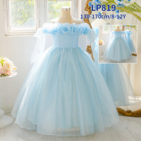 Gaun Formal Remaja Meiqiai Biru Langit Model Off Shoulder Buatan Tangan dengan Hiasan Mawar 3D, Lengan Ruffle Transparan, Gaun Pengiring Pengantin/Pesta LP819