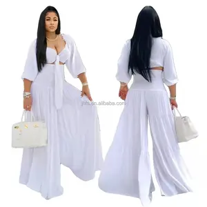 J & H 2022 heißer Verkauf alle weißen Outfits Frauen Palazzo Hosen Set Mode Bustier Crop Top und hohe Taille weites Bein Hosen Sommer anzüge