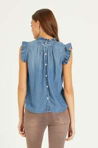 Camicette estive <span class=keywords><strong>senza</strong></span> <span class=keywords><strong>maniche</strong></span> da donna con colletto a balze e chiusura con bottoni a <span class=keywords><strong>maniche</strong></span> arricciate blusa blu Denim da donna - Product Image 3