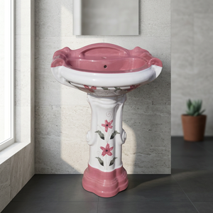 Vitrossa Flower Design Big Sterling Ceramic Pedestal Wash Basin Set Marble Style Bathroom Sink - Product Image 6