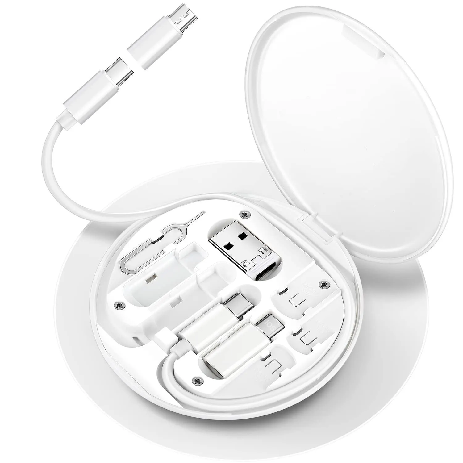 Boîte de rangement portable multifonctionnelle pour cartes de câble avec adaptateur USB A/Type C/Micro/ USB avec fentes pour support de téléphone