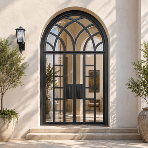 Portes d'entrée manuelles en acier de style français cintrées, avec verre trempé, surface finie, garantie 1 an, pour salon, isolation phonique - Product Image 6