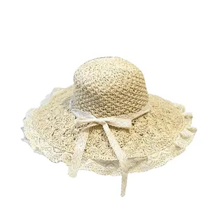หมวกถักลูกไม้สไตล์ฝรั่งเศสสำหรับผู้หญิงหมวกฟางสำหรับใส่ในสวนกลางแจ้งหมวกปีกกว้างแบบลำลอง