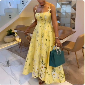 Jupe mi-longue à bretelles imprimée <span class=keywords><strong>fleurs</strong></span> de chrysanthème, col carré, coupe trapèze, pour l'été et la plage, robe femme, vente en gros sur mesure - Product Image 1