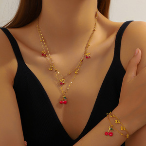 Cherry Fruit Pendant <b>Set</b> Stainless Steel Gold Plated Necklace <b>Bracelet</b> Women's Fashion Jewelry Party Gift - Product Image 1