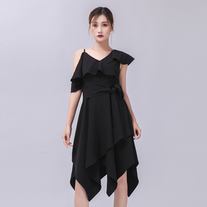Nueva tendencia ropa elegante de las mujeres vestido Sexy sin mangas negro volantes asimétrica vestido fiesta vestido de mujer - Product Image 1