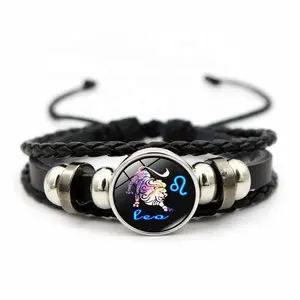 Personalized custom couple's mens jewelry vintage 12 zodiac alloy braided black leather bracelet