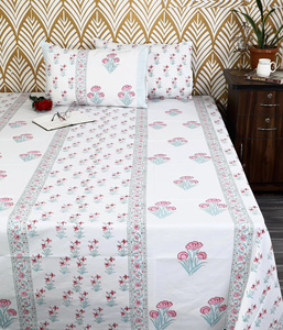 Juego de Sábanas de Algodón con Estampado Floral Hecho a Mano, Ropa de Cama Estilo Boho Indio con Fundas de Almohada, Sábana Plana, Juego de Ropa de Cama King Size - Product Image 1