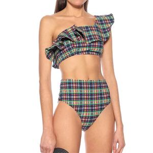 Custom Plaid Swimwear Seersucker One-shoulder Bikini <strong>Top</strong> High-Waist Bottom <strong>Checker</strong> 2 Piece Bathing Suit Gingham Check Swimsuit - Product Image 1