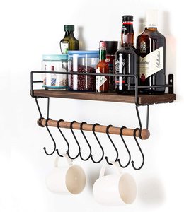 Solución de almacenamiento para baño y cocina, estante flotante de madera rústica con 8 ganchos, toallero extraíble montado en la pared, popular y asequible - Product Image 1