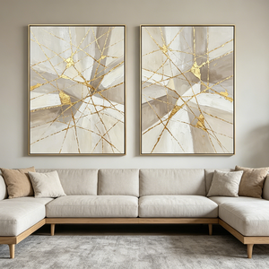 2 Grandes Peintures Murales Modernes en Plâtre Beige et Doré, Abstraites, Peintes à la Main sur Toile, Effet 3D pour la Maison et la <span class=keywords><strong>Galerie</strong></span> - Product Image 1