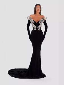 Vestido de Noche Elegante Negro Largo hasta el Suelo con Cuello en V para Mujer, con Plumas Naturales, Sujetador Incorporado, Lujoso, Transpirable, para Fiesta de Graduación - Product Image 1