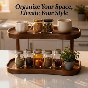 Tiered Storage Rack <b>Desktop</b> <b>Shelf</b> Cup Holder Wood Grain Coffee Brown Rectangle Standing Type Home Bedroom Organizer - Product Image 3