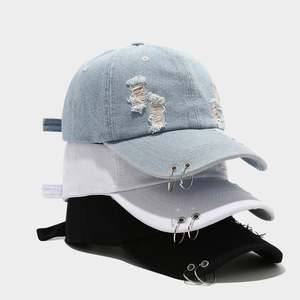 Casquette de baseball rétro hip-hop 6 panneaux pour hommes et femmes avec trou en denim Caractéristique du tissu polyester/coton métal - Product Image 1