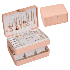 Light pink Women's Jewelry Box, 3 Layer Medium Sized Portable Travel PU Leather Jewelry Storage Box case