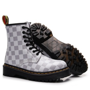 <b>Work</b> <b>boots</b> with women's checkered patterned patch thick mid-heel short <b>boots</b>, men's and women's smooth <b>leather</b> <b>boots</b> - Product Image 4