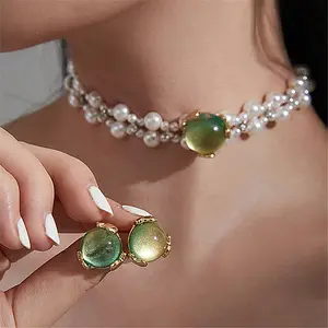 Vòng Cổ Vòng Cổ Đính Cườm Thủ Công De Mujer Bông Tai Đá Opal Màu Xanh Lá Bộ Vòng Cổ Trang Sức Đám Cưới Bộ Vòng Cổ Ngọc Trai Dệt