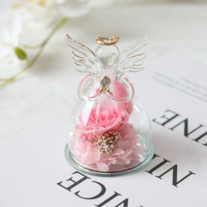 Rosa Eterna Preservada Hecha a Mano, Pequeño Ángel en Cúpula de Cristal, Rosa Real para Siempre, Regalo para el Día de San Valentín, Boda, Evento, Adorno - Product Image 4
