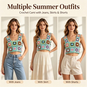 Top court en <span class=keywords><strong>crochet</strong></span> fait main <span class=keywords><strong>Granny</strong></span> Square, motif floral coloré, sans manches, style cami, débardeur bohème ajouré, tricoté, pour l'été et la plage, personnalisé - Product Image 3