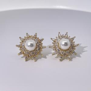 Tianyu GEMS วินเทจฝรั่งเศสสไตล์ศาลหรูหราทองเหลืองชุบทองดอกทานตะวันและต่างหูมุก - Product Image 2