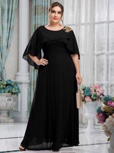Plus High-end textuur damesjurk met slanke taille, borduurwerk, capmouwen, ronde hals, chiffon, elegante bruidsmeisjesjurk voor een bruiloft. - Product Image 2