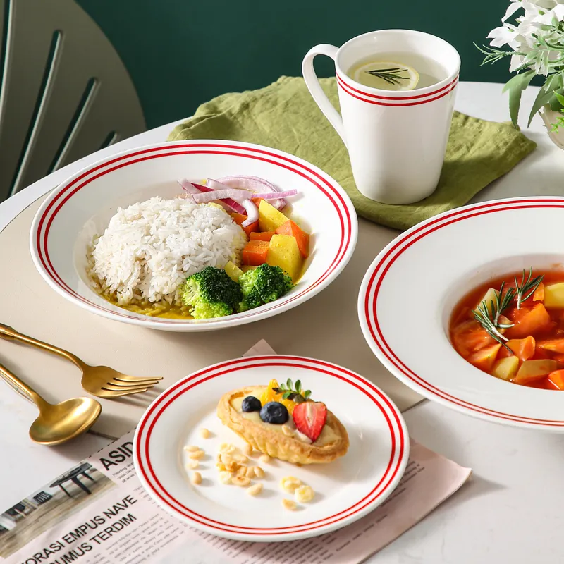 Tigela de cerâmica com prato duplo vermelho, caneca retrô para chá e leite, tigela retrô para bife, tigela de arroz
