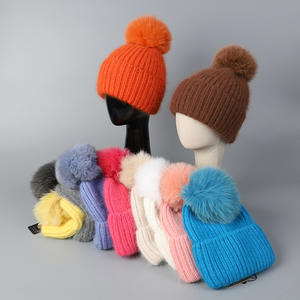 Ladies Fuzzy <span class=keywords><strong>Orange</strong></span> Fuchsia Warm Thick Ribbed Knit Laine Rabbit Hair Blended Fox Fur Pompom Beanie Tuque Winter Hat with Fur Ball - Product Image 1