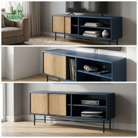 Meuble TV en bambou écologique bleu marine avec portes coulissantes, rangement ouvert et pieds en métal pour salon – OEM/ODM