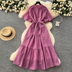 Ladies <strong>Clothes</strong> Stand Collar Puff Sleeve Tie-Waist <strong>Glitter</strong> Dress With Ruffle Hem - Women'S Sparkly Casual Women'S Dresses - Product Image 6