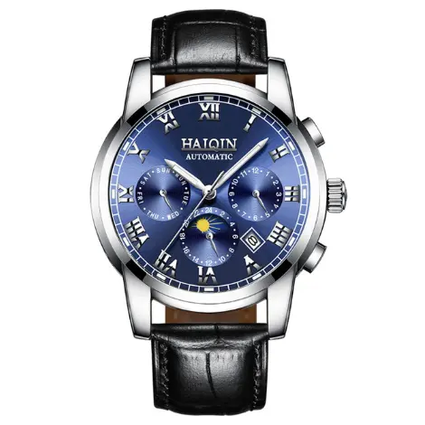 Top Brand Haiqin Luxury Silver Blue Watch Automatic Self Wind Watch Leather Band Fashion Man Wristwatch Waterproof Relogio