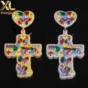 Iced Out Colorful Love <b>Hook</b> Cross <b>Earrings</b> 14K Gold Plated Large Baguette CZ Diamonds Custom Charm Hip Hop Jewelry - Product Image 5