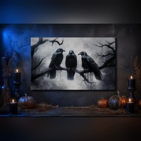 3 Burung Gagak Hitam di Dinding Ranting Pohon Seni Lukis Kanvas Gotik Berkabut Galeri Pohon Kabut Gelap Lukisan Terbungkus Dekorasi Rumah Halloween yang Menyeramkan