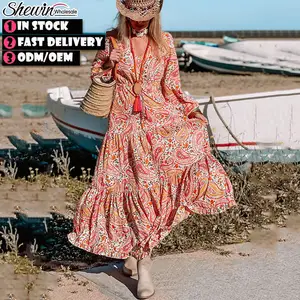 Bán Buôn Vestido Phụ Nữ Cổ Điển Hoa In Maxi Bohemian Boho Dress V Cổ Ruffle Phụ Nữ Boho Quần Áo