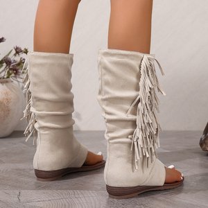 <span class=keywords><strong>Bottes</strong></span> mi-mollet à talon compensé pour femme, style européen et américain, nouvelle collection printemps-été, en faux daim, avec pompon, légères et respirantes, couleur <span class=keywords><strong>beige</strong></span> - Product Image 4