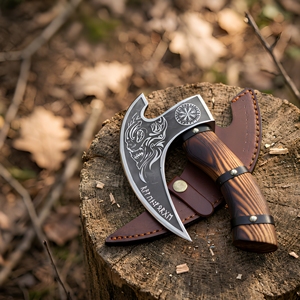 Cortador de Pizza Estilo Vikingo, Cuchillo Ulu Hecho a Mano con Hoja Grabada, Mango de Madera Resistente con Agarre de Cuero, Incluye Funda de Cuero - Product Image 1