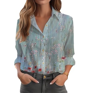 カスタム3Dデジタル印刷ルーズフィッティング女性用ハイグレードカーディガン甘いスタイル長袖シフォンブラウス3Dフラワープリント - Product Image 3
