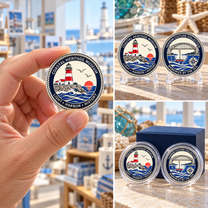 Moneda Conmemorativa Personalizada de Plata Bañada en Plata, Grabada en Relieve y Esmaltada, con Diseño de Faro del Puerto Patrimonial Costero, OEM ODM - Product Image 3