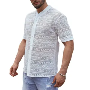 사용자 정의 남자의 캐주얼 흰색 여름 짧은 소매 100% 면 니트 레이스 남자의 셔츠
