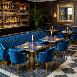 Table ronde carrée de luxe en pierre frittée, canapé banquette en velours bleu foncé, mobilier personnalisé pour hôtels et restaurants - Product Image 2
