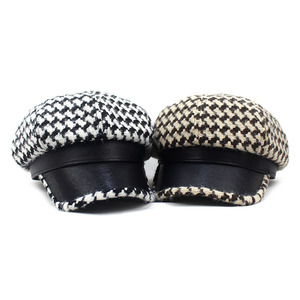 Casquette plate vintage <span class=keywords><strong>en</strong></span> laine et cuir pour femme, style newsboy, à motif pied-de-poule, béret, chapeau octogonal - Product Image 6