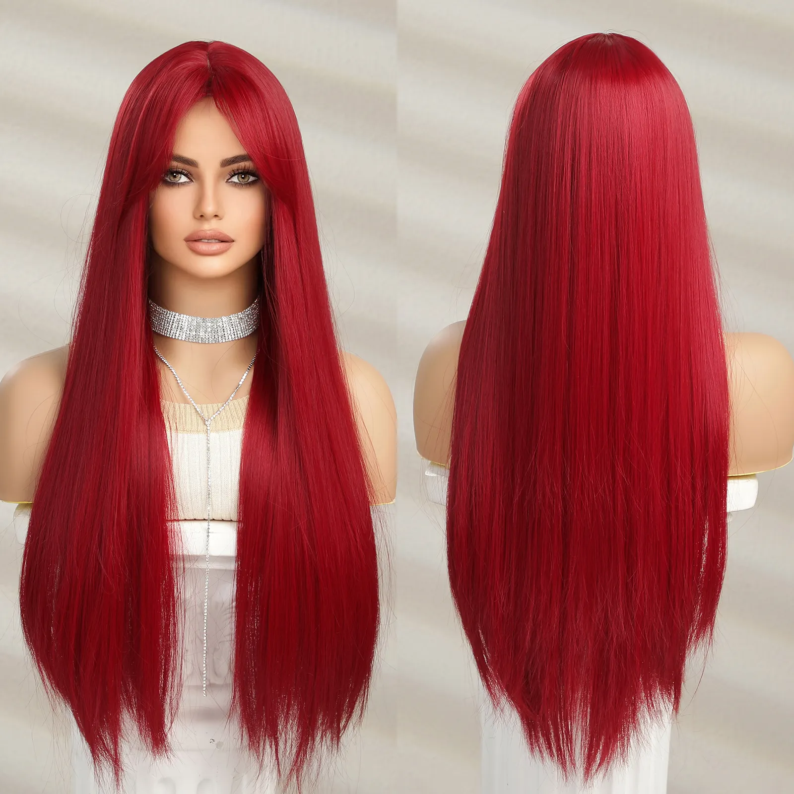 Factory Fast Delivery Red Long Straight Hair with Bangs Wig Matte Soft Synthetic Rose Net Wig 150 Density 320g