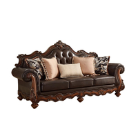 Vintage Europäisches Ledersofa-Set Handgeschnitzter Massivholzrahmen Luxuriöse Wohnzimmermöbel