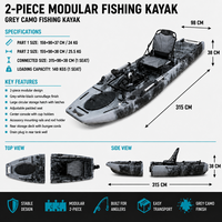 Kayak de pêche modulaire monoplace 2026 Motor Ready 10FT en 2 pièces, type Sit-on-Top, avec système de propulsion à pédales, en HDPE, support moteur de pêche à la traîne, vente en gros