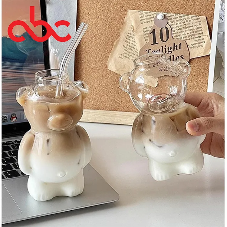 Copo de café em forma de urso de pelúcia para restaurante Ins, copo de suco de vidro fofo de desenho animado, copos de chá e leite
