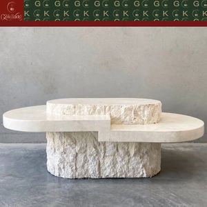 Travertin-Couchtisch Beiger Stein für Wohnzimmer Lounge Maßgefertigt Poliert Organische Form Skulpturales Design - Product Image 2