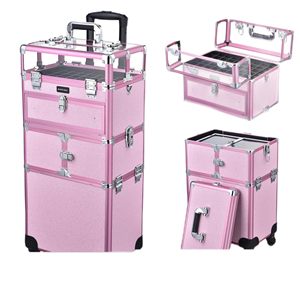 Vali trang điểm đa năng 2 trong 1 màu hồng, có ngăn kéo, 54 ngăn, nắp trong suốt mở rộng, 4 bánh xe di động, hộp đựng dụng cụ làm móng - Product Image 3