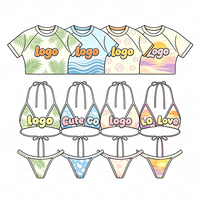 Set Bikini 3 Potong Wanita dengan Kaos Lengan Pendek Bermotif, Pakaian Pantai, Baju Renang, Pakaian Renang Liburan Musim Panas untuk Wanita