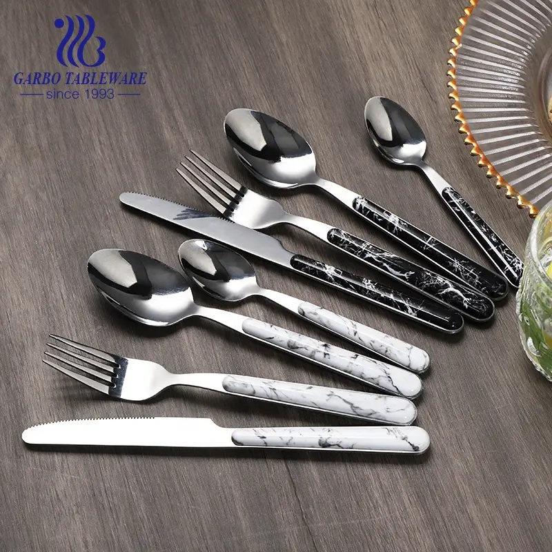 Good price plastic cutlery set 410 stainless steel silver flatware with marble design Brazil hot sale plastic spoon knife spoon